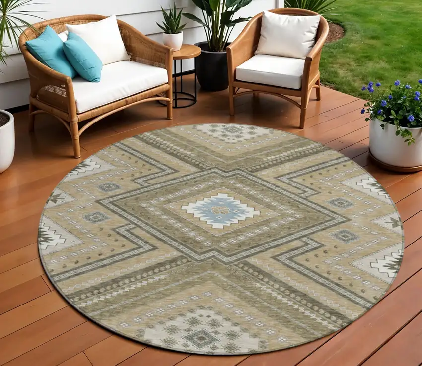 8' Beige Gray And Ivory Round Tribal Washable Indoor Outdoor Area Rug Photo 1
