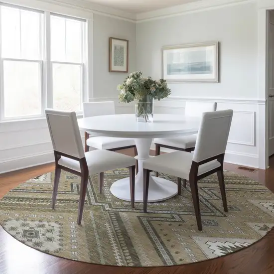 8' Beige Gray And Ivory Round Tribal Washable Indoor Outdoor Area Rug Photo 8
