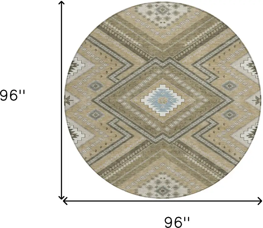 8' Beige Gray And Ivory Round Tribal Washable Indoor Outdoor Area Rug Photo 3