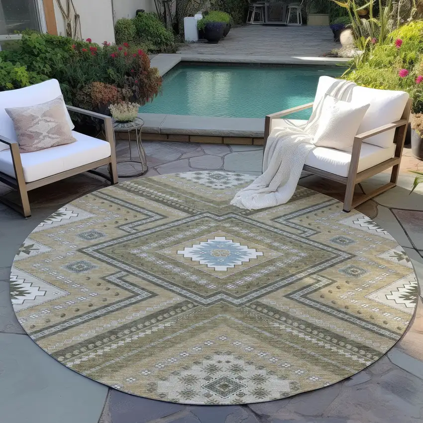 8' Beige Gray And Ivory Round Tribal Washable Indoor Outdoor Area Rug Photo 7