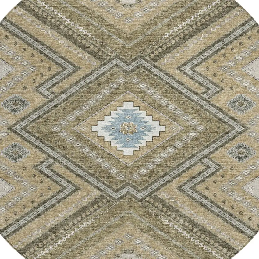 8' Beige Gray And Ivory Round Tribal Washable Indoor Outdoor Area Rug Photo 4
