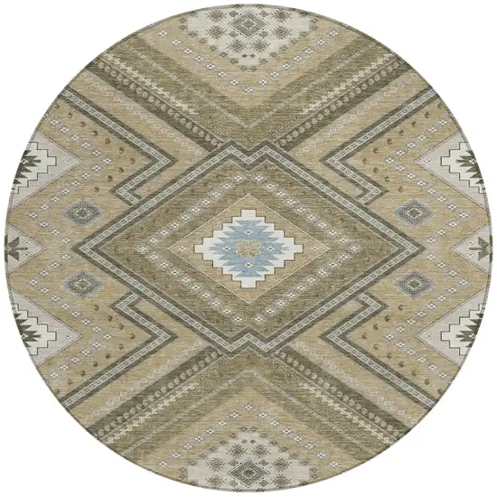 8' Beige Gray And Ivory Round Tribal Washable Indoor Outdoor Area Rug Photo 6