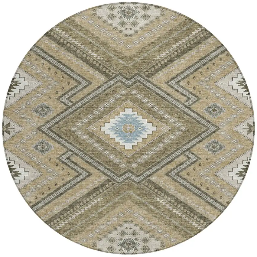 8' Beige Gray And Ivory Round Tribal Washable Indoor Outdoor Area Rug Photo 6