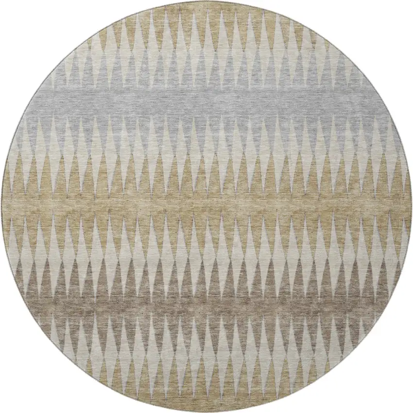 8' Beige Gray And Ivory Striped Washable Round Rug With UV Protection Photo 3
