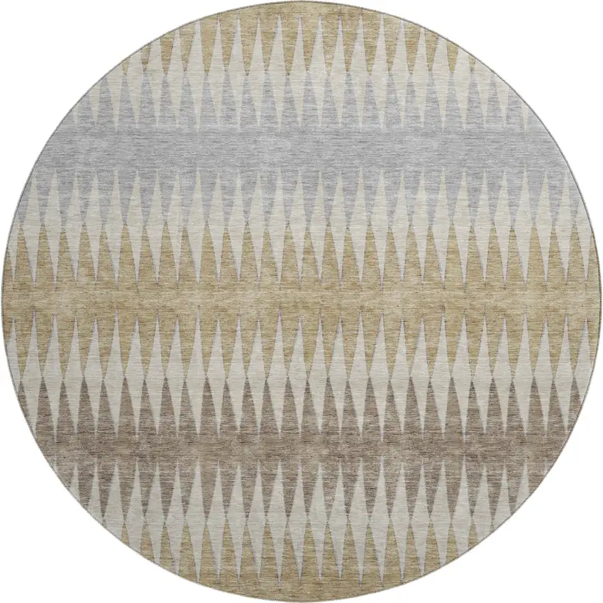 8' Beige Gray And Ivory Striped Washable Round Rug With UV Protection Photo 1