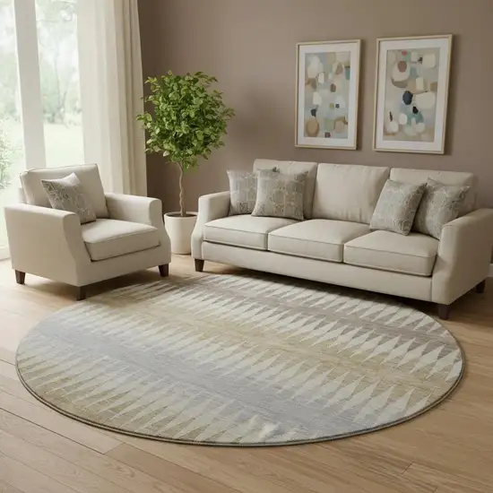 8' Beige Gray And Ivory Striped Washable Round Rug With UV Protection Photo 1