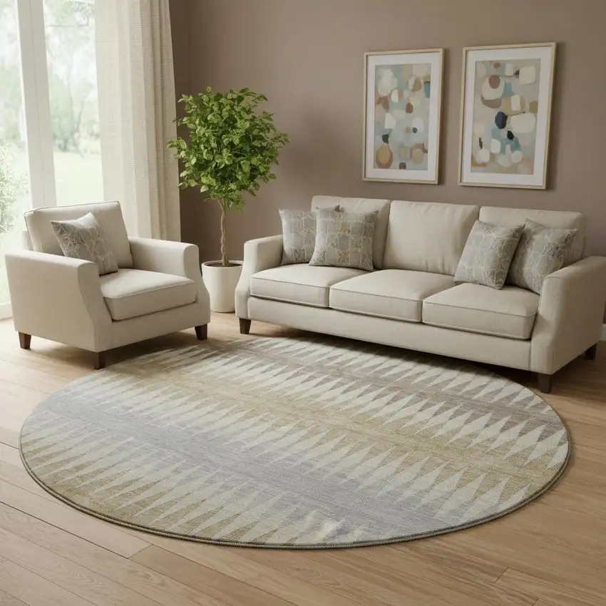 8' Beige Gray And Ivory Striped Washable Round Rug With UV Protection Photo 1