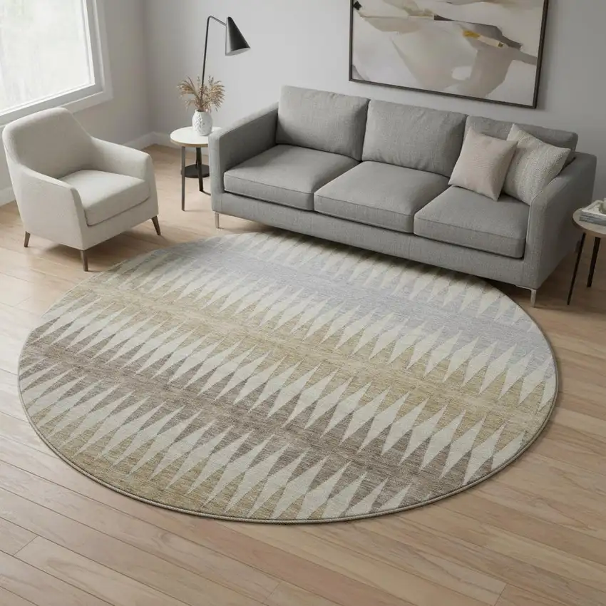 8' Beige Gray And Ivory Striped Washable Round Rug With UV Protection Photo 2