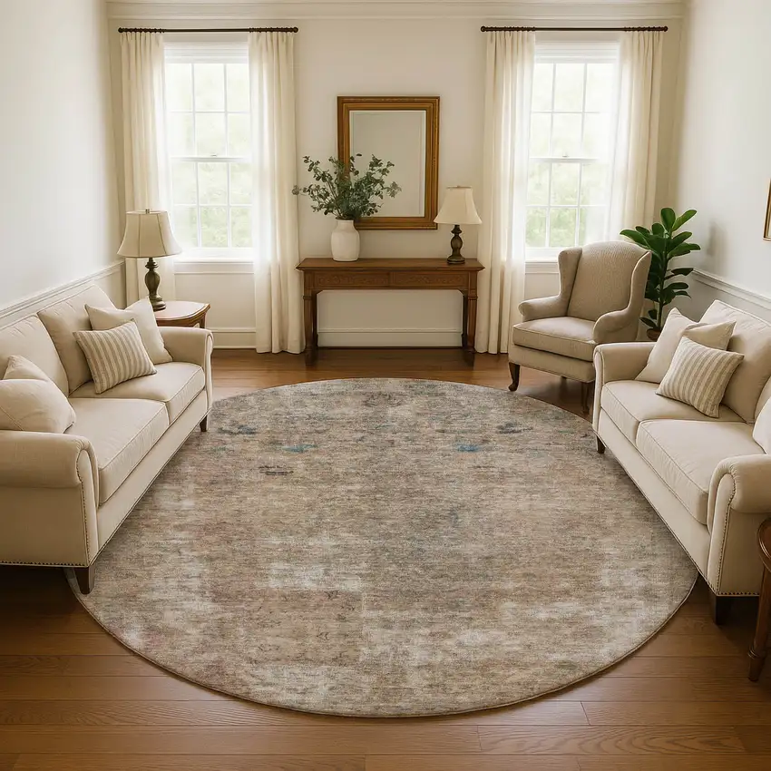 8' Beige Gray And Khaki Abstract Washable Round Rug With UV Protection Photo 4