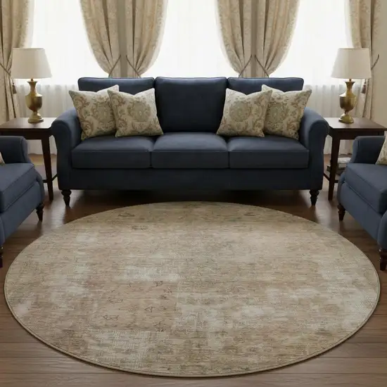 8' Beige Gray And Khaki Abstract Washable Round Rug With UV Protection Photo 2