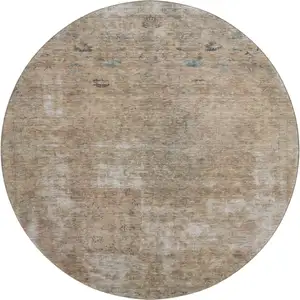 Photo of 8' Beige Gray And Khaki Abstract Washable Round Rug With UV Protection