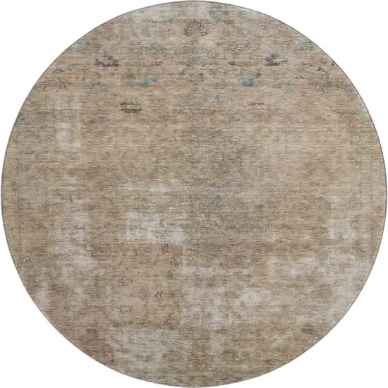 8' Beige Gray And Khaki Abstract Washable Round Rug With UV Protection Photo 1