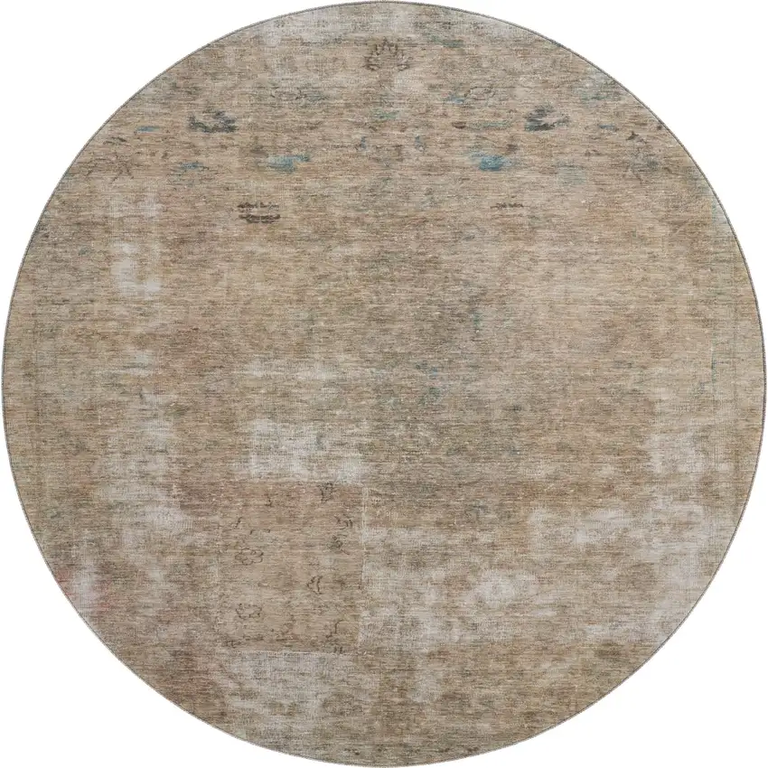 8' Beige Gray And Khaki Abstract Washable Round Rug With UV Protection Photo 1