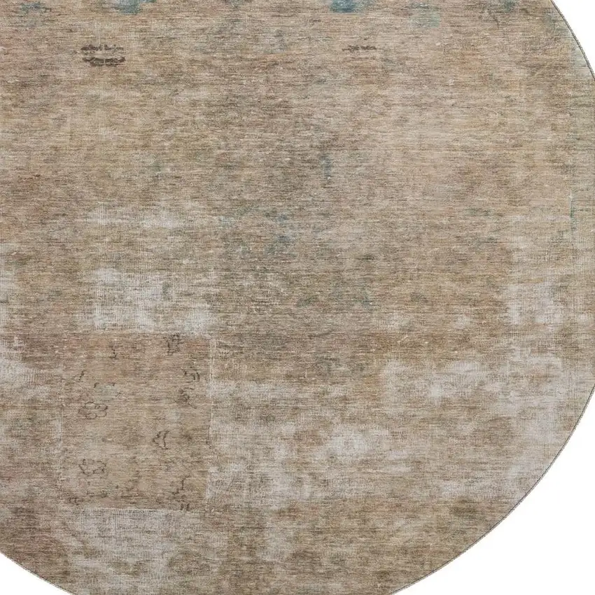8' Beige Gray And Khaki Abstract Washable Round Rug With UV Protection Photo 2