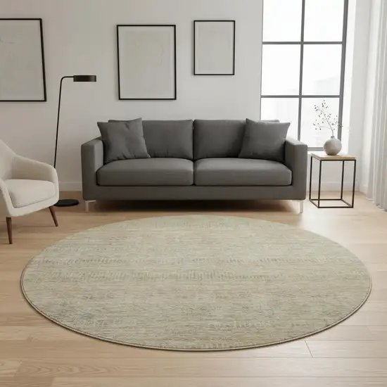 8' Beige Gray And Khaki Striped Washable Round Rug With UV Protection Photo 2