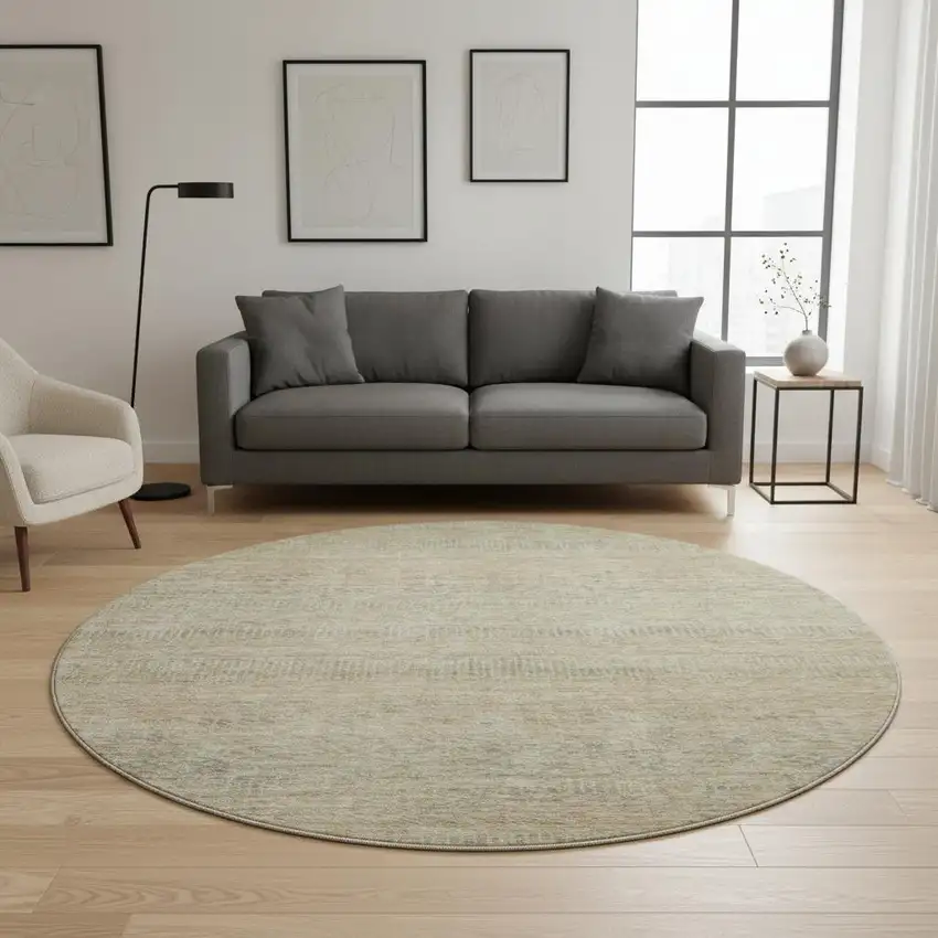 8' Beige Gray And Khaki Striped Washable Round Rug With UV Protection Photo 2