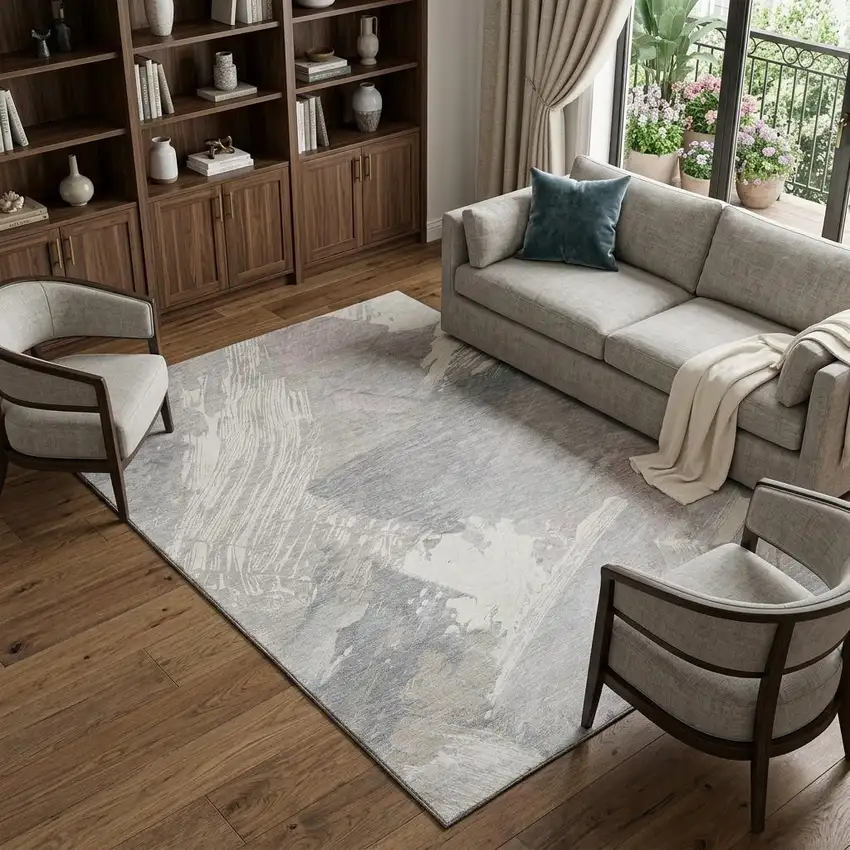 8' Beige Gray And Silver Abstract Washable Area Rug With UV Protection Photo 1