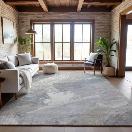 8' Beige Gray And Silver Abstract Washable Area Rug With UV Protection Photo 4