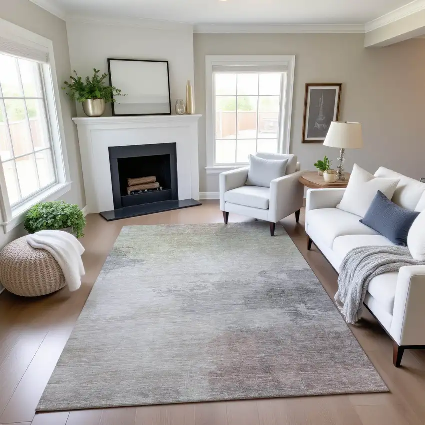 8' Beige Gray And Silver Abstract Washable Area Rug With UV Protection Photo 4