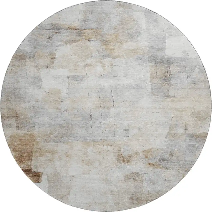 8' Beige Gray And Silver Abstract Washable Round Rug With UV Protection Photo 1
