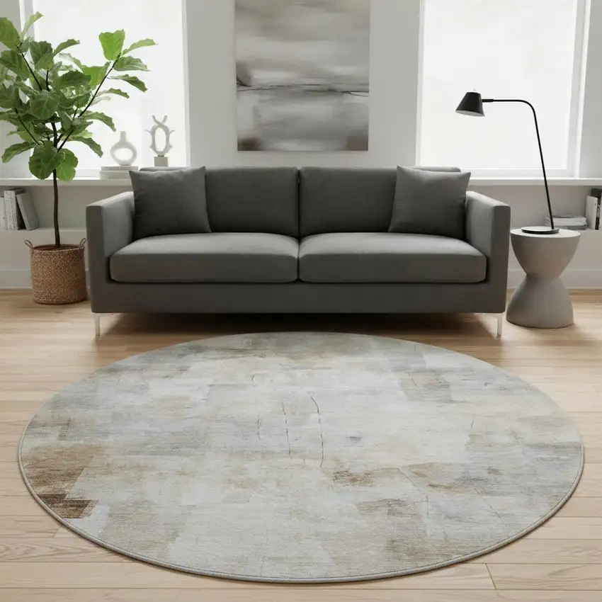 8' Beige Gray And Silver Abstract Washable Round Rug With UV Protection Photo 2