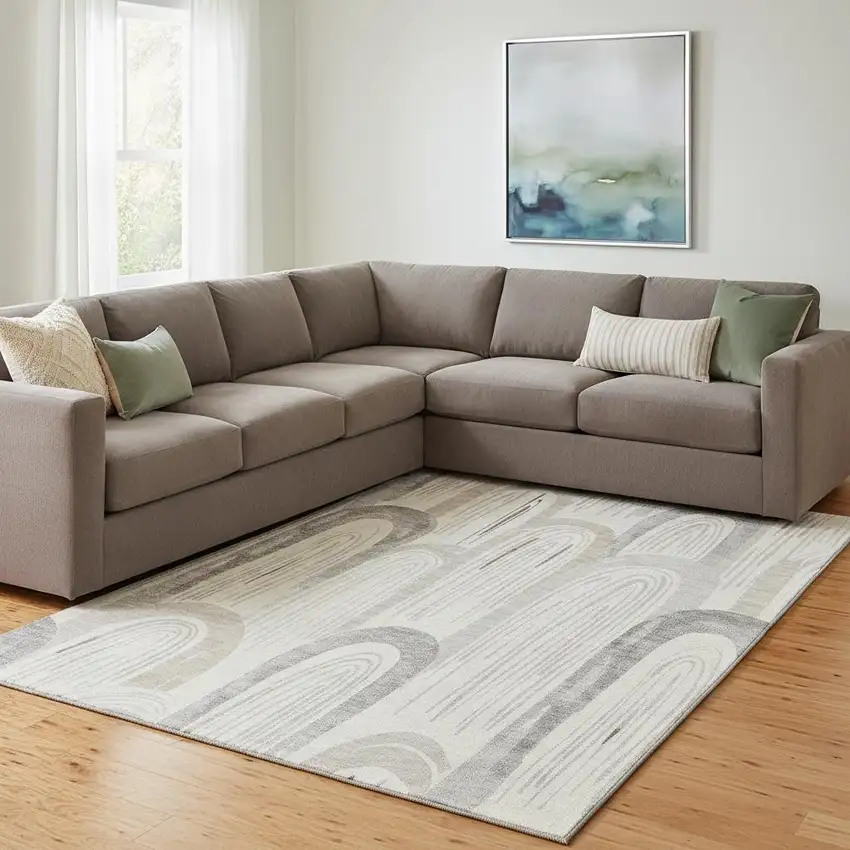 8' Beige Gray And Silver Geometric Washable Area Rug With UV Protection Photo 2