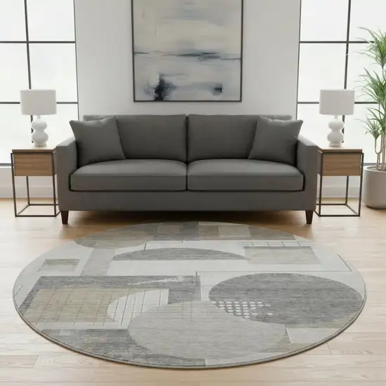 8' Beige Gray And Silver Geometric Washable Round Rug With UV Protection Photo 2