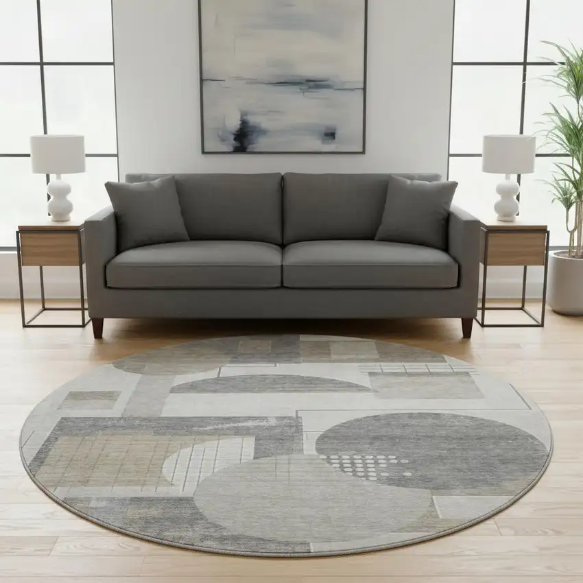 8' Beige Gray And Silver Geometric Washable Round Rug With UV Protection Photo 2