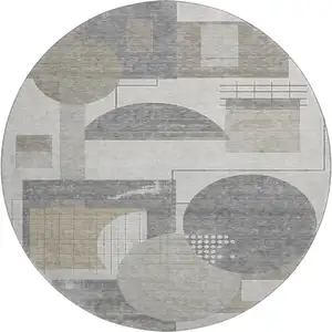 Photo of 8' Beige Gray And Silver Geometric Washable Round Rug With UV Protection