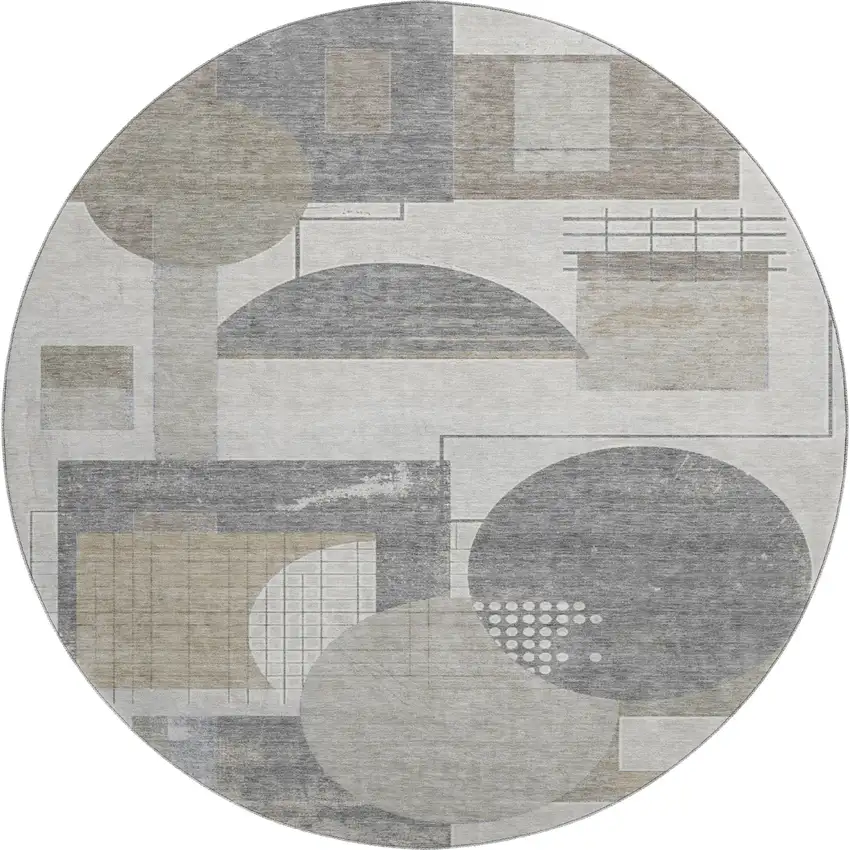 8' Beige Gray And Silver Geometric Washable Round Rug With UV Protection Photo 1