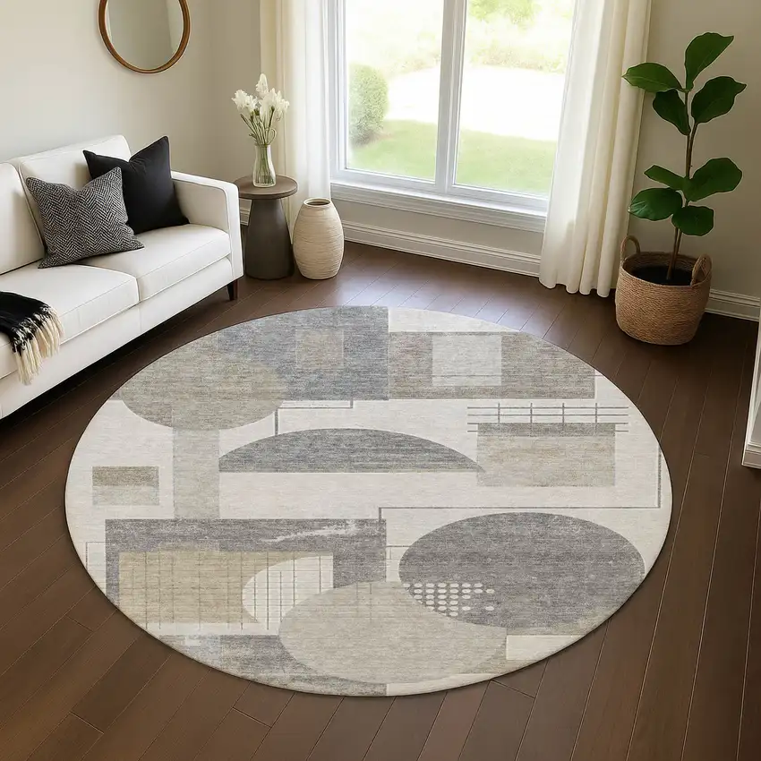 8' Beige Gray And Silver Geometric Washable Round Rug With UV Protection Photo 4