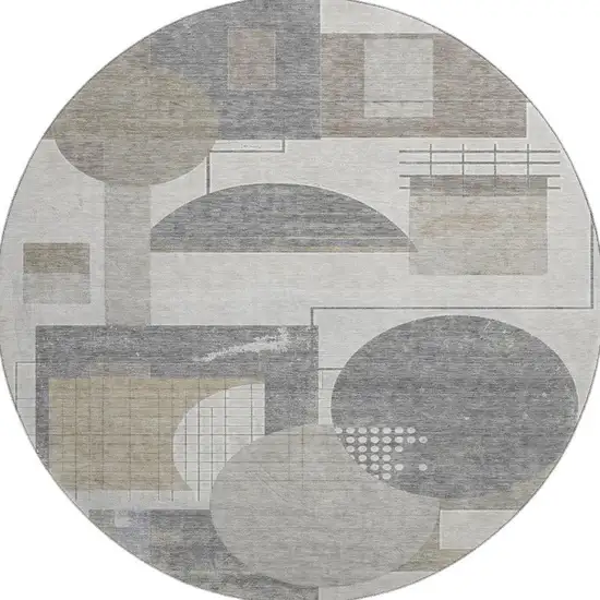 8' Beige Gray And Silver Geometric Washable Round Rug With UV Protection Photo 3