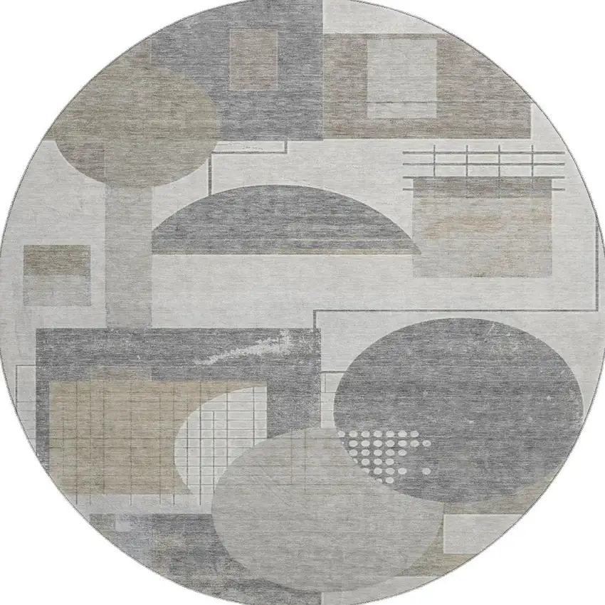 8' Beige Gray And Silver Geometric Washable Round Rug With UV Protection Photo 3