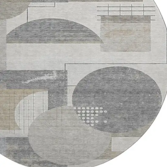 8' Beige Gray And Silver Geometric Washable Round Rug With UV Protection Photo 2