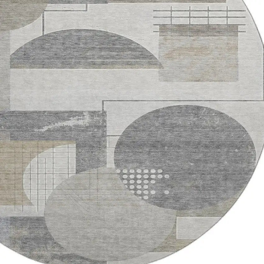 8' Beige Gray And Silver Geometric Washable Round Rug With UV Protection Photo 2