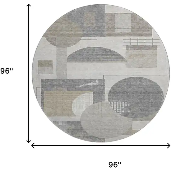 8' Beige Gray And Silver Geometric Washable Round Rug With UV Protection Photo 9
