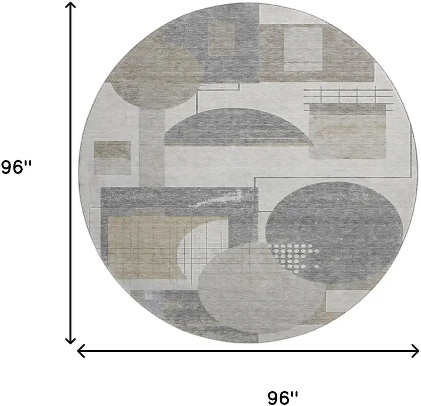 8' Beige Gray And Silver Geometric Washable Round Rug With UV Protection Photo 9