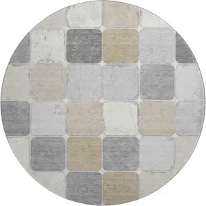 Photo of 8' Beige Gray And Silver Geometric Washable Round Rug With UV Protection