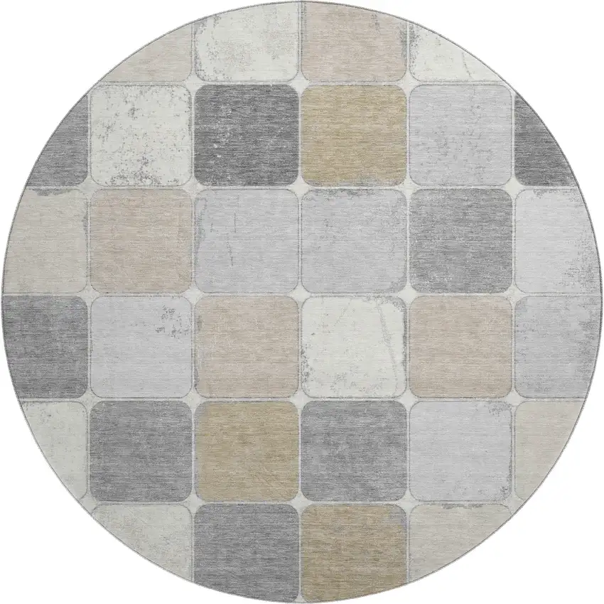 8' Beige Gray And Silver Geometric Washable Round Rug With UV Protection Photo 1