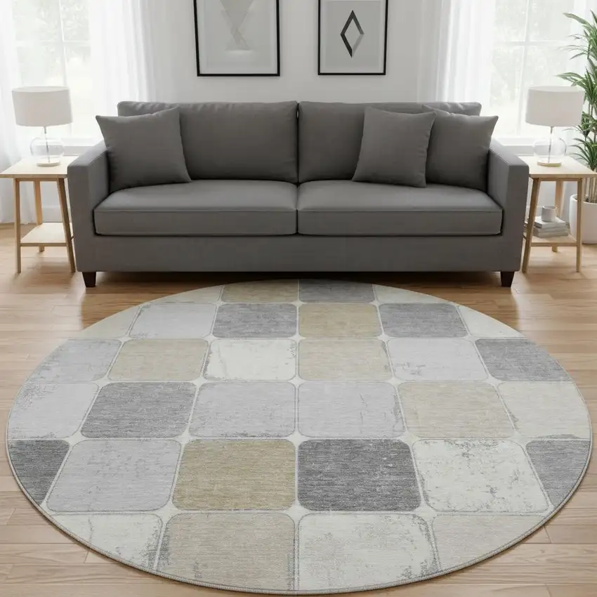 8' Beige Gray And Silver Geometric Washable Round Rug With UV Protection Photo 2