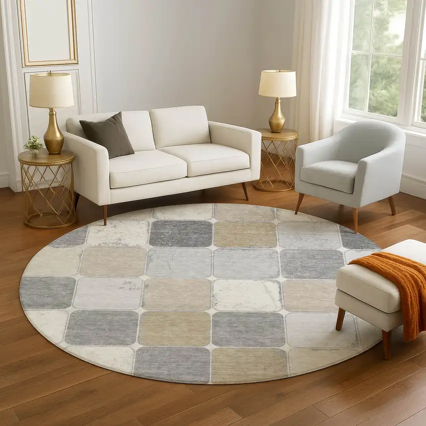 8' Beige Gray And Silver Geometric Washable Round Rug With UV Protection Photo 5