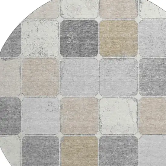 8' Beige Gray And Silver Geometric Washable Round Rug With UV Protection Photo 3