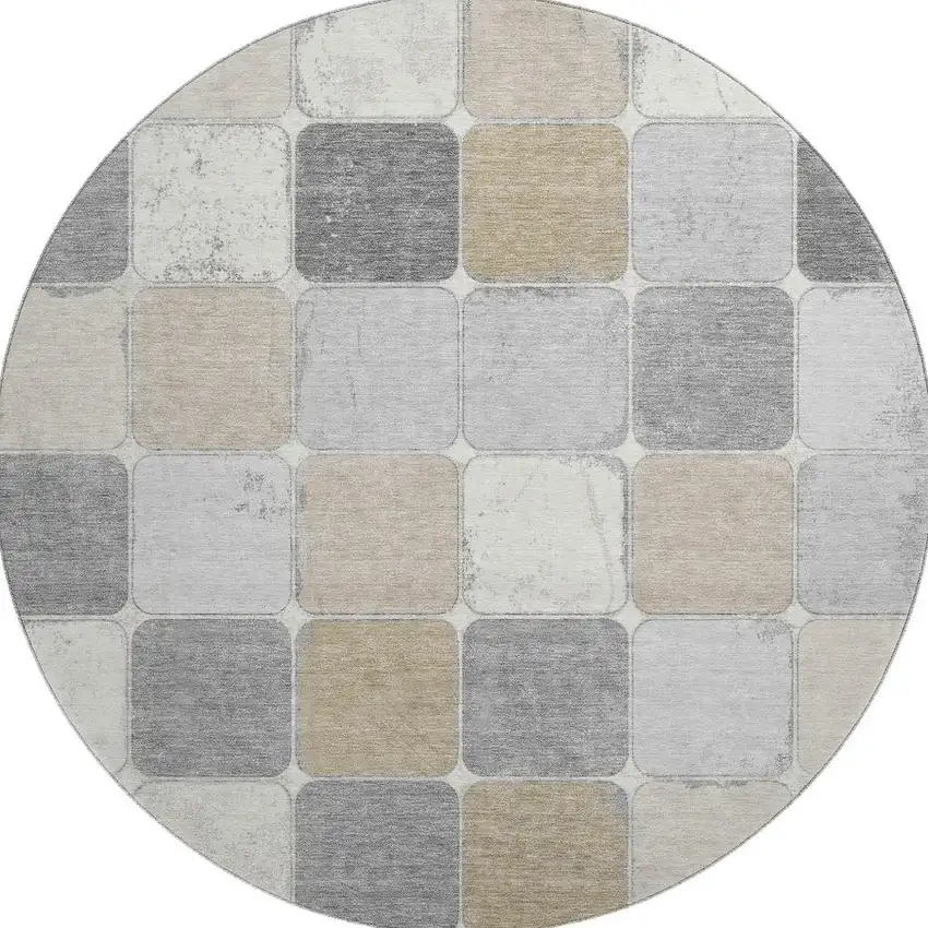 8' Beige Gray And Silver Geometric Washable Round Rug With UV Protection Photo 4