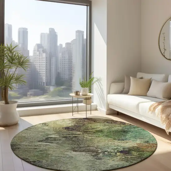 8' Beige Green And Artichoke Green Round Abstract Washable Indoor Outdoor Area Rug Photo 4