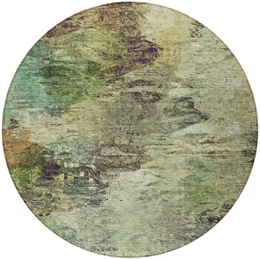 8' Beige Green And Artichoke Green Round Abstract Washable Indoor Outdoor Area Rug Photo 2