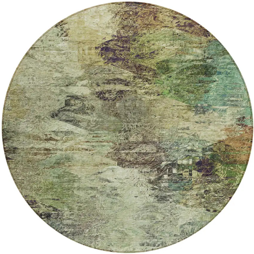 8' Beige Green And Artichoke Green Round Abstract Washable Indoor Outdoor Area Rug Photo 1