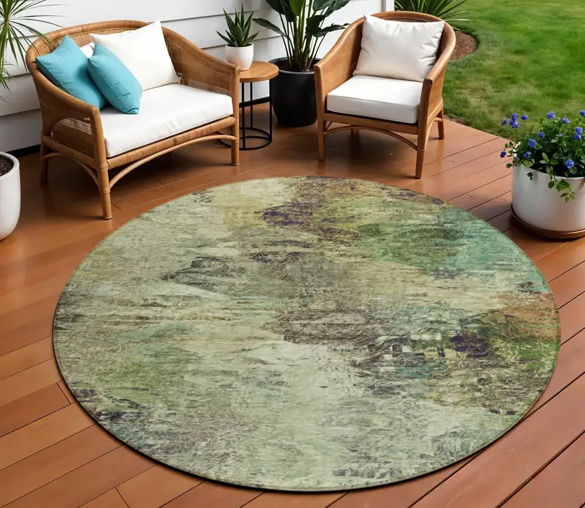 8' Beige Green And Artichoke Green Round Abstract Washable Indoor Outdoor Area Rug Photo 7