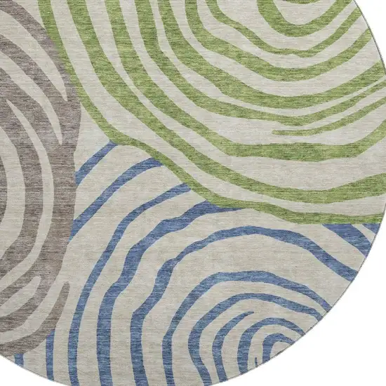 8' Beige Green And Blue Abstract Washable Round Rug With UV Protection Photo 3