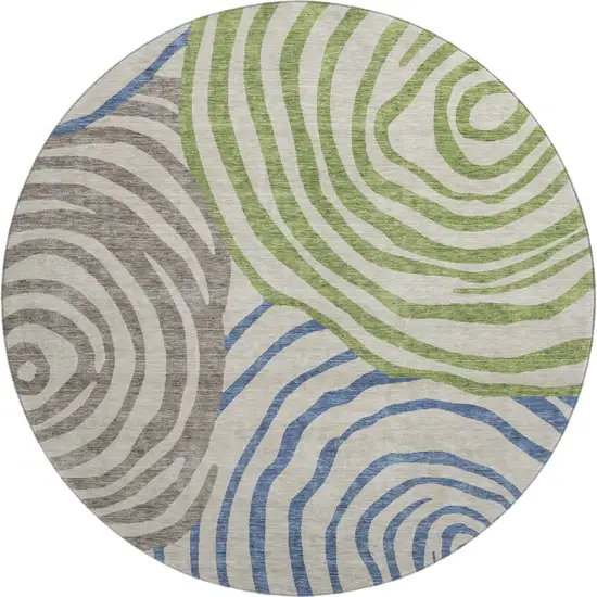 8' Beige Green And Blue Abstract Washable Round Rug With UV Protection Photo 1
