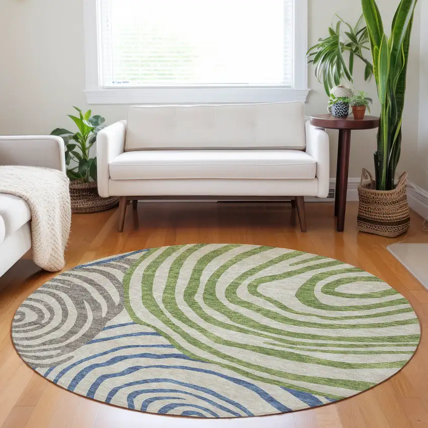 8' Beige Green And Blue Abstract Washable Round Rug With UV Protection Photo 5